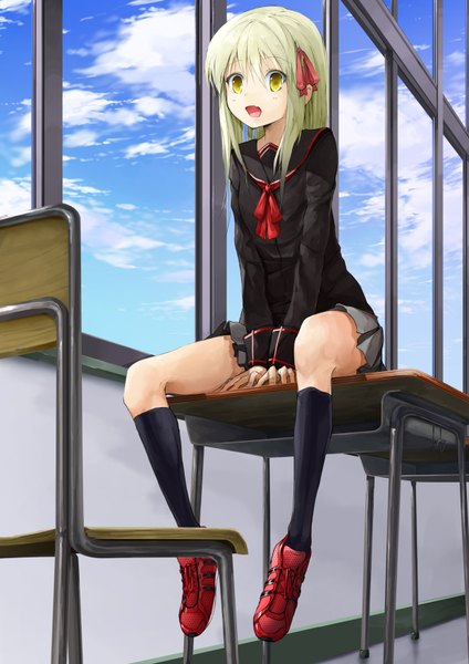 Anime picture 1240x1754 with original solru (tyappygain) single long hair tall image looking at viewer fringe open mouth sitting green eyes sky cloud (clouds) long sleeves pleated skirt green hair classroom girl skirt uniform ribbon (ribbons)