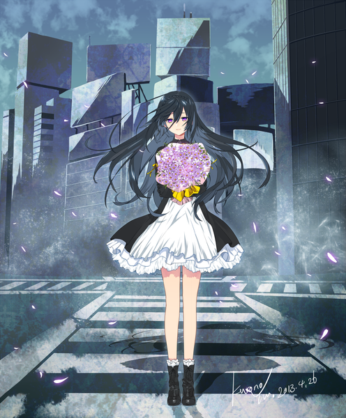 Anime picture 1000x1209 with original kurono yuu single long hair tall image black hair purple eyes signed girl dress flower (flowers) petals bouquet