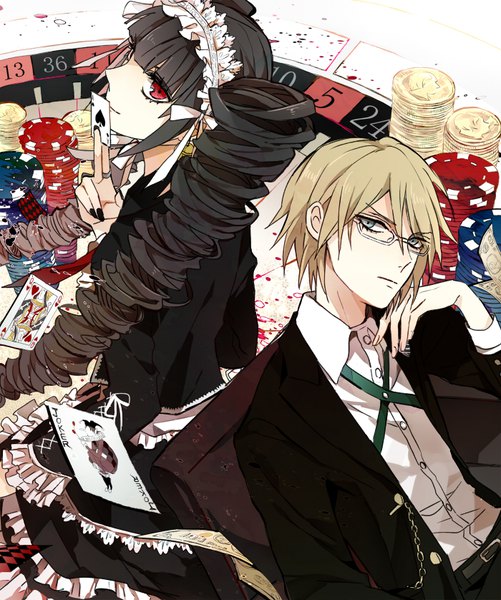 Anime picture 700x838 with dangan ronpa celestia ludenberg togami byakuya shijima tohiro long hair tall image looking at viewer fringe short hair black hair blonde hair hair between eyes red eyes twintails payot nail polish profile arm support grey eyes drill hair