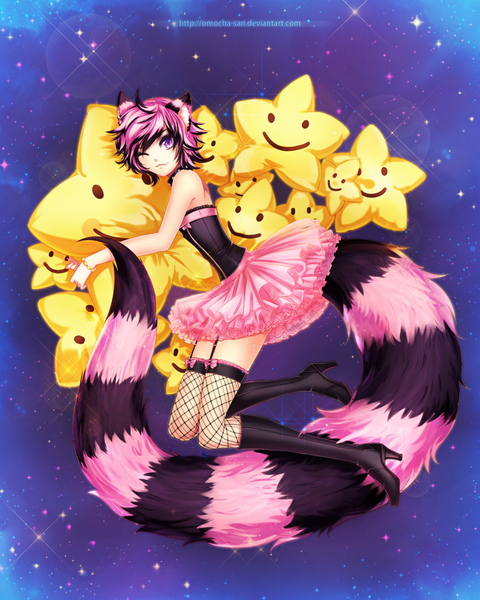 Anime picture 900x1125 with original zenithomocha single tall image looking at viewer smile purple eyes bare shoulders signed animal ears pink hair purple hair tail animal tail one eye closed multicolored hair wink two-tone hair teeth fang (fangs)
