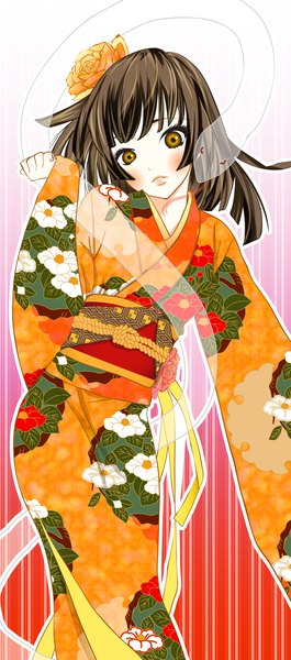 Anime picture 1665x3766 with shaft (studio) monogatari (series) sengoku nadeko gawamizu rana single long hair tall image looking at viewer blush fringe open mouth brown hair standing brown eyes traditional clothes japanese clothes hair flower teeth floral print transparent