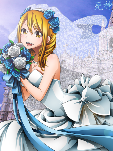 Anime picture 2385x3180 with fairy tail lucy heartfilia kurogane-raziel single long hair tall image highres open mouth blonde hair smile yellow eyes sky cloud (clouds) hair flower coloring wedding girl dress hair ornament flower (flowers)