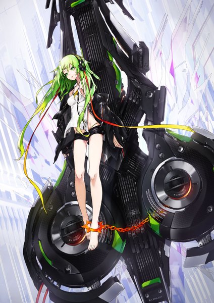 Anime picture 1000x1414 with original yucca-612 (neco) single long hair tall image green eyes looking away barefoot green hair open clothes open jacket mecha musume girl jacket shorts headphones vest shackles