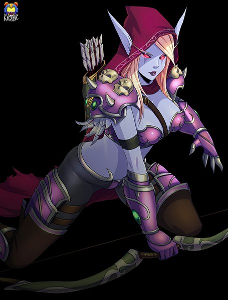 Anime picture 683x900 with world of warcraft blizzard entertainment sylvanas windrunner kyoffie12 single long hair tall image looking at viewer breasts light erotic simple background blonde hair red eyes lips pointy ears lipstick black background elf purple lipstick girl