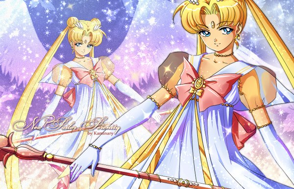 Anime picture 1400x900 with bishoujo senshi sailor moon toei animation tsukino usagi sailor moon kaminary blue eyes blonde hair twintails signed very long hair inscription wallpaper puffy sleeves zoom layer girl gloves bow earrings wings elbow gloves