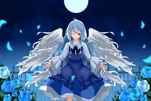 Anime picture 1125x750 with touhou sariel nanatuki13 (artist) single long hair red eyes blue hair one eye closed wink night girl dress flower (flowers) petals wings moon fence blue rose