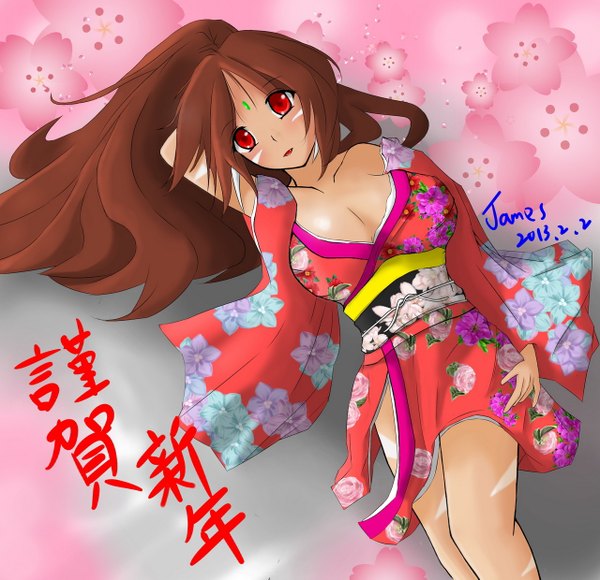 Anime picture 1280x1239 with league of legends nidalee (league of legends) single long hair looking at viewer breasts open mouth light erotic red eyes brown hair large breasts cleavage japanese clothes girl earrings