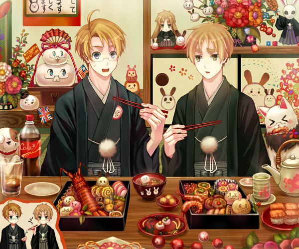 Anime picture 1000x833 with axis powers hetalia studio deen united kingdom (hetalia) america (hetalia) anko kinako short hair open mouth blue eyes blonde hair green eyes ahoge traditional clothes japanese clothes new year boy flower (flowers) glasses food toy flag