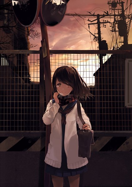 Anime picture 834x1180 with original shirabi single long hair tall image blush smile brown hair standing holding brown eyes sky cloud (clouds) pleated skirt wind sunlight adjusting hair evening sunset exhalation