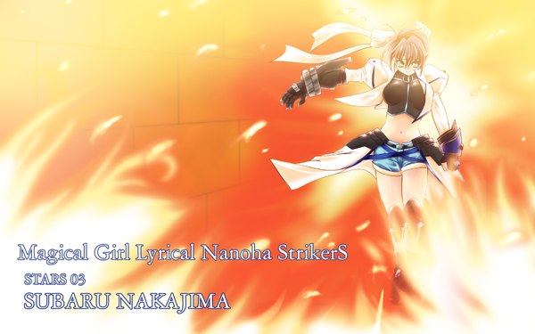 Anime picture 1680x1050 with mahou shoujo lyrical nanoha mahou shoujo lyrical nanoha strikers subaru nakajima highres wide image midriff wallpaper girl gloves shorts roller skates
