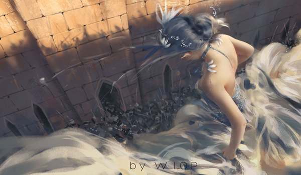 Anime picture 1775x1038 with ghost blade yan (ghost blade) wlop long hair highres wide image bare shoulders signed outdoors head tilt from above pointy ears grey hair shadow hair bun (hair buns) bare back knight army girl dress