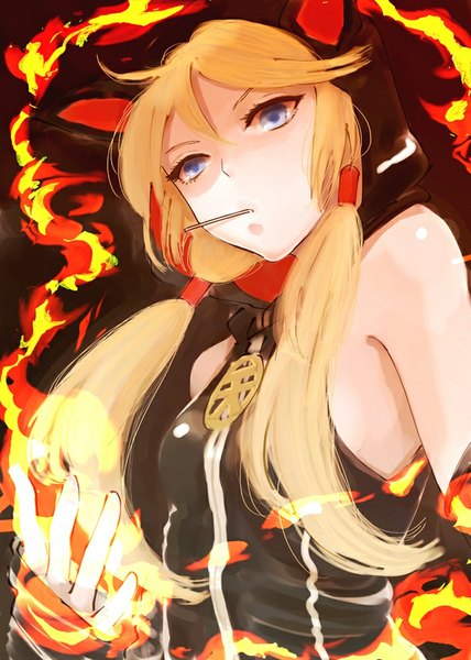 Anime picture 714x1000 with psyren frederica tenjuin kito (coyo) single long hair tall image looking at viewer blue eyes blonde hair twintails bare shoulders holding mouth hold girl hood fire lollipop
