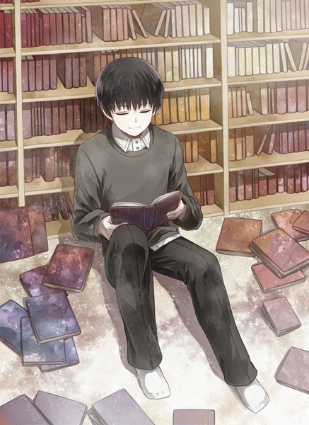 Anime picture 868x1192 with tokyo ghoul studio pierrot kaneki ken angel31424 single tall image fringe short hair black hair sitting holding bent knee (knees) indoors eyes closed light smile from above boy shirt socks book (books)