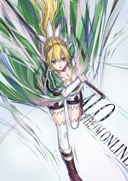 Anime picture 707x1000 with sword art online a-1 pictures leafa devilkero long hair tall image fringe breasts open mouth blonde hair holding cleavage ponytail from above pointy ears glow running thighhighs hair ornament weapon