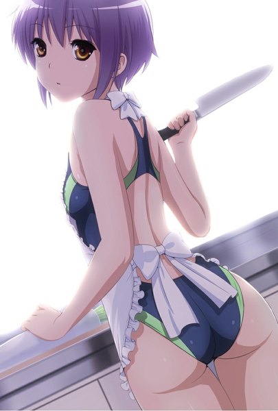 Anime picture 689x1020 with suzumiya haruhi no yuutsu kyoto animation nagato yuki akahige single tall image short hair light erotic simple background white background brown eyes purple hair looking back back girl swimsuit apron one-piece swimsuit knife competition swimsuit