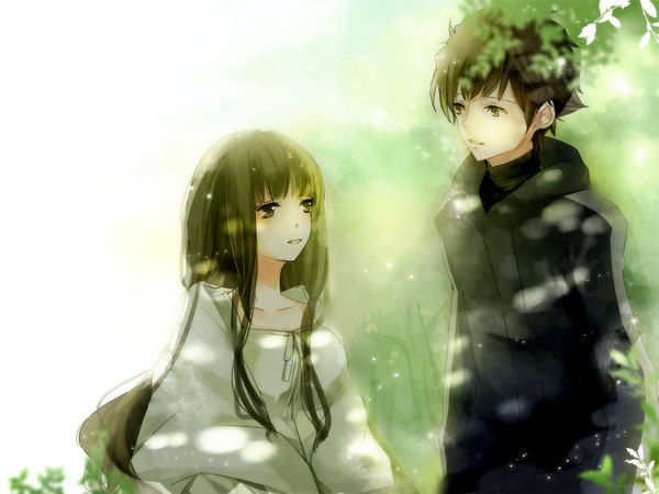 Anime picture 1000x750 with fate (series) fate/zero type-moon matou kariya toosaka aoi yuukichi long hair fringe short hair brown hair brown eyes green eyes traditional clothes green hair eye contact alternate age girl boy plant (plants) tree (trees)