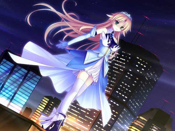 Anime picture 1024x768 with the shapeshifter nadia agatram single long hair green eyes game cg orange hair night city girl star (stars)