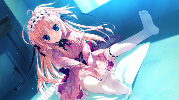 Anime picture 1280x720 with hatsuyuki sakura ran (hatsuyuki sakura) long hair looking at viewer blush blue eyes blonde hair wide image game cg japanese clothes lolita fashion wa lolita girl thighhighs white thighhighs headdress