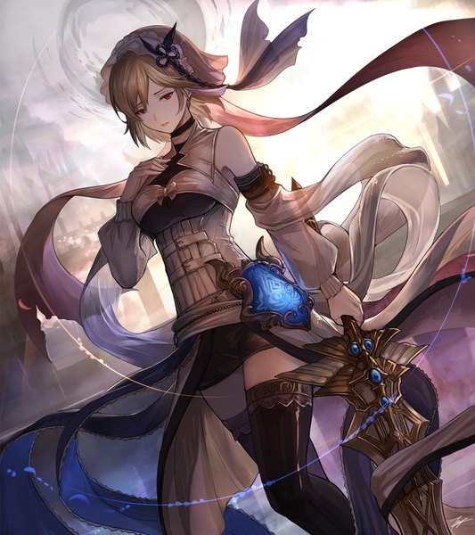 Anime picture 1000x1125 with granblue fantasy lord of vermilion lord of vermilion iii gita (granblue fantasy) angela (lord of vermilion iii) tenyo0819 single tall image fringe short hair blonde hair hair between eyes red eyes standing holding signed outdoors long sleeves parted lips sunlight