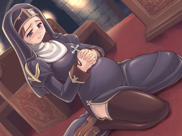 Anime picture 1750x1313 with ragnarok online priest (ragnarok online) xration single blush highres sitting holding indoors tears wariza crying sad nun praying pregnant girl thighhighs black thighhighs cross