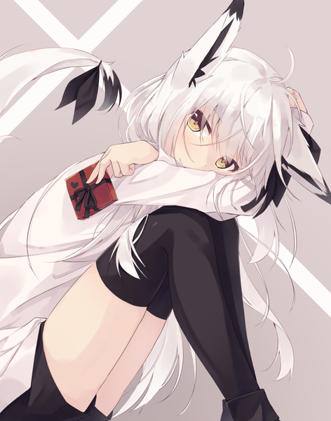 Anime picture 846x1075 with original nagishiro mito single long hair tall image looking at viewer blush fringe smile hair between eyes sitting holding animal ears yellow eyes ahoge bent knee (knees) white hair tail long sleeves animal tail