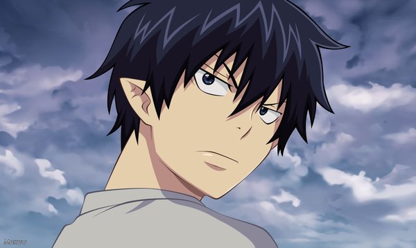 Anime picture 2200x1314 with ao no exorcist a-1 pictures okumura rin katou kazue single highres short hair blue eyes black hair wide image cloud (clouds) looking back pointy ears boy