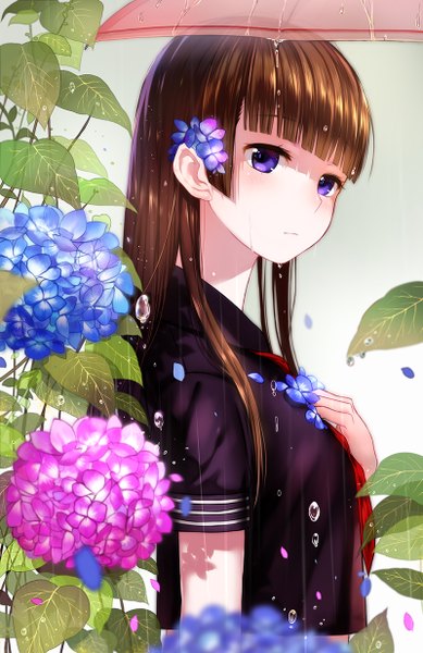 Anime picture 800x1232 with original s a~ single long hair tall image looking at viewer blush fringe brown hair purple eyes payot blunt bangs hair flower hand on chest rain hime cut girl uniform hair ornament flower (flowers)