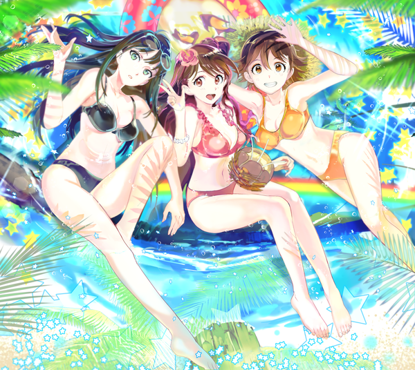 Anime picture 1341x1200 with idolmaster idolmaster cinderella girls shibuya rin shimamura uzuki honda mio 119 long hair looking at viewer fringe short hair brown hair sitting multiple girls green eyes barefoot hair flower bare belly depth of field grin sunglasses on head