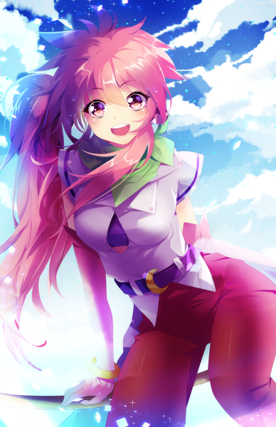 Anime picture 1941x3000 with tales of (series) tales of phantasia arche klein squchan single long hair tall image looking at viewer blush fringe highres open mouth smile hair between eyes pink hair sky cloud (clouds) pink eyes sparkle side ponytail
