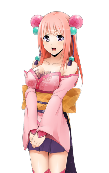 Anime picture 644x1024 with onigiri (mmorpg) shizuka (onigiri) single long hair tall image open mouth purple eyes bare shoulders pink hair traditional clothes japanese clothes transparent background girl hair ornament detached sleeves kimono obi hair tie hair bobbles