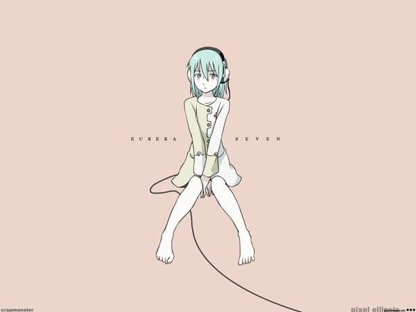 Anime picture 1600x1200 with eureka seven studio bones eureka single looking at viewer short hair simple background sitting purple eyes barefoot pink background girl dress headphones short dress wire (wires)