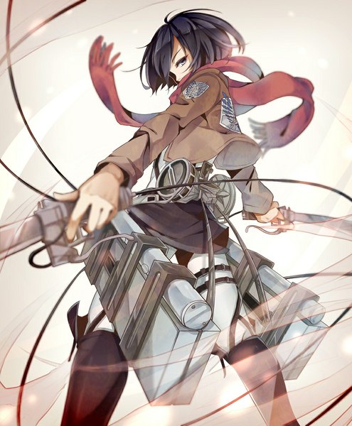 Anime picture 900x1089 with shingeki no kyojin production i.g mikasa ackerman nou single tall image looking at viewer black hair profile looking back black eyes girl weapon sword jacket boots belt scarf thigh strap knee boots