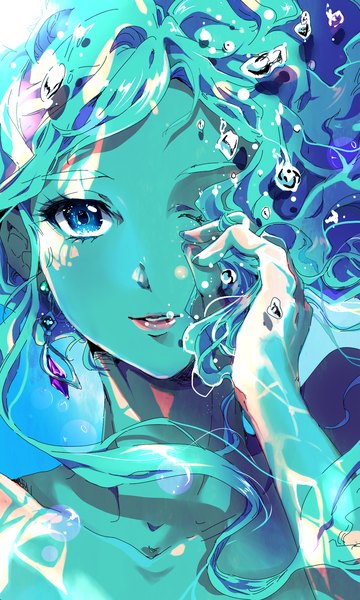 Anime picture 900x1500 with macross macross frontier sheryl nome rakeng single long hair tall image looking at viewer blue eyes smile bare shoulders one eye closed wink sunlight adjusting hair wavy hair underwater girl earrings water