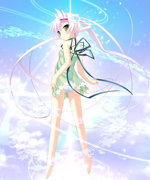 Anime picture 1024x1228 with twinkle crusaders twinkle crusaders -passion star stream- illear long hair tall image light erotic twintails green eyes game cg cleavage white hair barefoot hair flower girl hair ornament underwear panties ribbon (ribbons) hairclip