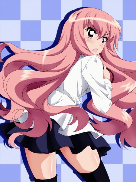 Anime picture 1200x1600 with zero no tsukaima j.c. staff louise francoise le blanc de la valliere tappa (esperanza) single long hair tall image blush open mouth pink hair pink eyes looking back checkered background girl thighhighs skirt black thighhighs miniskirt shirt