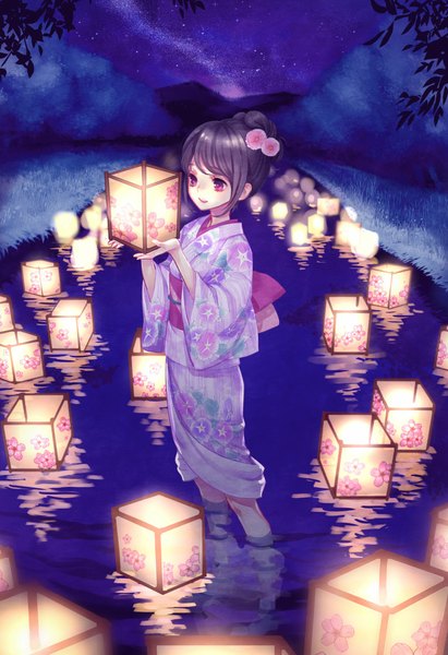 Anime picture 809x1180 with original maca single long hair tall image blush open mouth standing purple eyes holding blue hair outdoors traditional clothes japanese clothes hair flower night night sky partially submerged mountain landscape