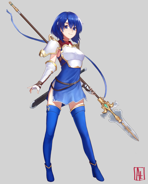 Anime picture 4100x5100 with fire emblem fire emblem: mystery of the emblem nintendo catria (fire emblem) alaskastomatoez single tall image fringe highres short hair blue eyes simple background smile hair between eyes standing signed blue hair absurdres full body grey background