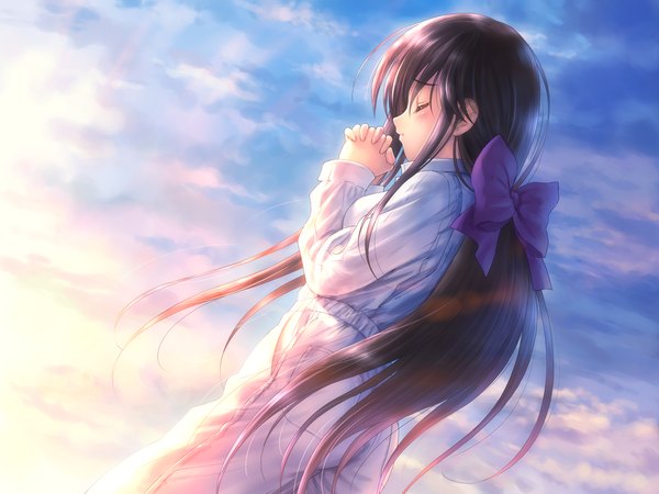 Anime picture 1920x1440 with narcissu goto p single long hair blush highres black hair standing sky cloud (clouds) eyes closed profile wind praying girl bow hair bow large bow overalls
