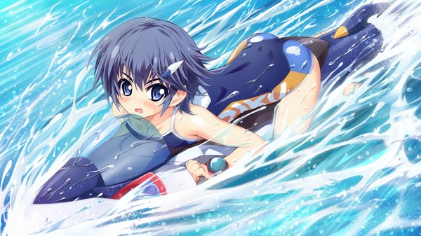 Anime picture 1024x576 with sensui-bu! single looking at viewer blush short hair open mouth blue eyes black hair wide image game cg girl hair ornament swimsuit water