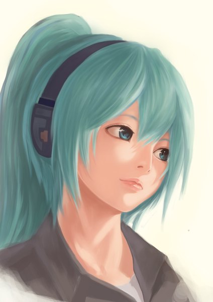 Anime picture 2480x3508 with vocaloid hatsune miku sangatsu kokonoka single long hair tall image highres simple background white background ponytail aqua eyes aqua hair portrait face girl headphones