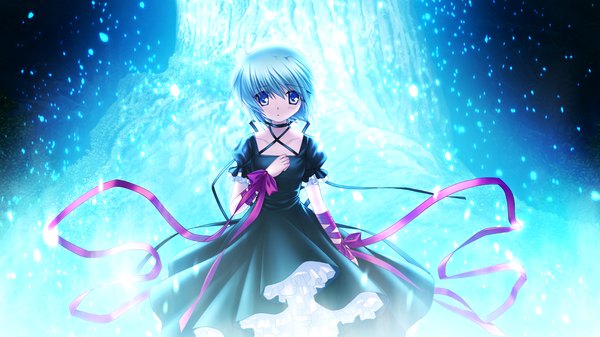 Anime picture 1280x720 with rewrite kagari (rewrite) short hair wide image purple eyes game cg white hair girl dress ribbon (ribbons) black dress