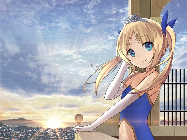 Anime picture 1280x960 with ninnzinn single long hair looking at viewer blue eyes blonde hair smile twintails bare shoulders sky cloud (clouds) sunlight bare belly turning head adjusting hair sunbeam girl gloves navel hair ornament