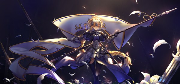 Anime picture 3592x1685 with fate (series) fate/grand order fate/apocrypha jeanne d'arc (fate) (all) jeanne d'arc (fate) jeanne d'arc (inazuma eleven) kingchenxi single long hair highres breasts simple background blonde hair smile wide image holding signed ahoge braid (braids) eyes closed