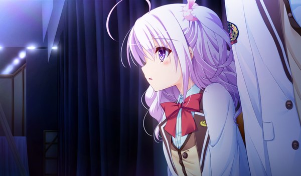 Anime picture 1024x600 with prestar long hair blush wide image purple eyes looking away game cg white hair profile girl uniform school uniform