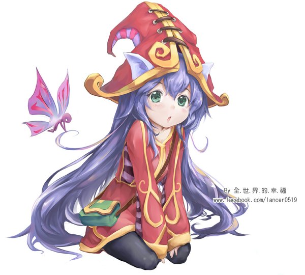 Anime picture 1182x1064 with league of legends lulu (league of legends) lancer0519 single long hair looking at viewer blush simple background white background green eyes purple hair fantasy fairy girl hat pantyhose witch hat