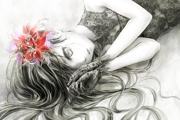 Anime picture 1000x665 with original nuwanko single long hair blush fringe open mouth black hair bare shoulders looking away hair flower hair over one eye teeth on side girl dress gloves hair ornament flower (flowers) black gloves