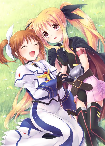 Anime picture 2566x3540 with mahou shoujo lyrical nanoha fate testarossa takamachi nanoha oimo (artist) long hair tall image blush highres open mouth blonde hair smile red eyes brown hair twintails multiple girls lying eyes closed short twintails girl gloves