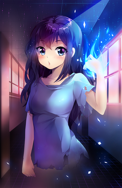 Anime picture 809x1250 with original squchan single long hair tall image looking at viewer blush fringe blue eyes black hair signed indoors torn clothes magic glowing light floor ghost girl dress