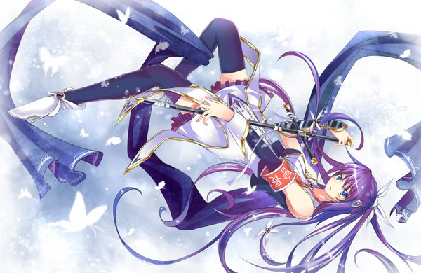 Anime picture 2000x1300 with original silversirius single long hair blush highres blue eyes bare shoulders purple hair ponytail girl thighhighs weapon black thighhighs detached sleeves sword insect butterfly