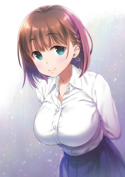 Anime picture 1062x1500 with getsuyoubi no tawawa pine jam ai-chan (tawawa) nanase meruchi single tall image looking at viewer blush fringe short hair breasts smile brown hair large breasts braid (braids) leaning leaning forward side braid hands behind back girl